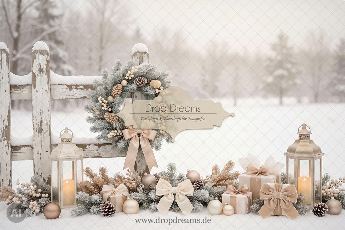 Weihnachts-Backdrop Winter Elegance mit Holzzaun, Tannenkranz und Geschenken in Beige und Creme von Drop-Dreams